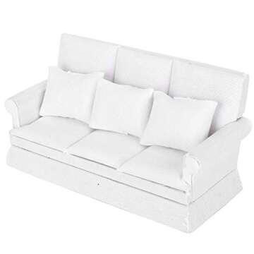 Living Room Furniture 1/12 Scale Dolls House Furniture Couch, with 3pcs Pillow Dollhouse Sofa, Miniature for Girls Kids Children(White)