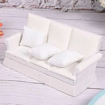 Living Room Furniture 1/12 Scale Dolls House Furniture Couch, with 3pcs Pillow Dollhouse Sofa, Miniature for Girls Kids Children(White)