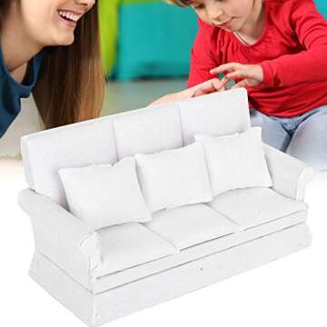 Living Room Furniture 1/12 Scale Dolls House Furniture Couch, with 3pcs Pillow Dollhouse Sofa, Miniature for Girls Kids Children(White)
