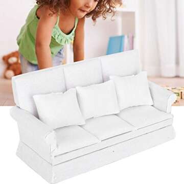 Living Room Furniture 1/12 Scale Dolls House Furniture Couch, with 3pcs Pillow Dollhouse Sofa, Miniature for Girls Kids Children(White)