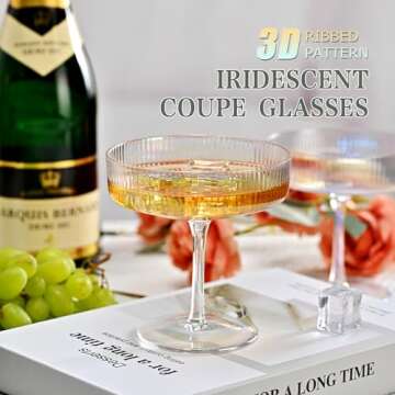 CUKBLESS Iridescent Martini Glasses Set of 6, Champagne Coupe Glasses, Hand Blown Vintage Ribbed Gla...