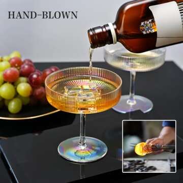 CUKBLESS Iridescent Martini Glasses Set of 6, Champagne Coupe Glasses, Hand Blown Vintage Ribbed Glasses, Cocktail Glasses for Margarita, Whiskey, Dessert, 7 oz