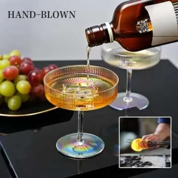 CUKBLESS Iridescent Martini Glasses Set of 6, Champagne Coupe Glasses, Hand Blown Vintage Ribbed Glasses, Cocktail Glasses for Margarita, Whiskey, Dessert, 7 oz