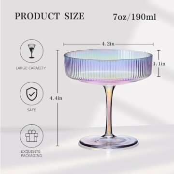 CUKBLESS Iridescent Martini Glasses Set of 6, Champagne Coupe Glasses, Hand Blown Vintage Ribbed Glasses, Cocktail Glasses for Margarita, Whiskey, Dessert, 7 oz