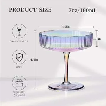 CUKBLESS Iridescent Martini Glasses Set of 6, Champagne Coupe Glasses, Hand Blown Vintage Ribbed Glasses, Cocktail Glasses for Margarita, Whiskey, Dessert, 7 oz