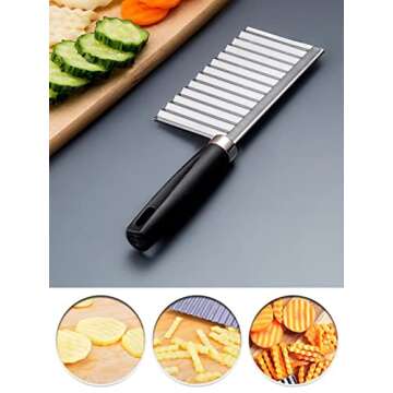 Crinkle Cutter Knife Stainless Steel Cutting Tool for Potato Carrot Chip Vegetable French Fry, Wavy Chopper Wave Slicer Steel Blade, Kids Lunch Accessories (Black Handle)
