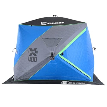 Clam X400 Portable 8x8 Foot Pop-Up Ice Fishing Shelter - Blue Thermal Hub Tent with Anchors and Carr...