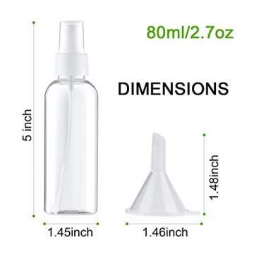 Woaiwo-q Spray Bottle,Fine Mist Mini Clear 80ml/2.7oz Spray Bottles,Small Reusable Empty Plastic Bottles with Atomizer Pumps (20 pack,2 Funnels included)