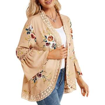 Womens Lace Kimono Cardigan Floral Loose Casual Open Front Shawl 3/4 Sleeve Blouse Tops (Khaki,M)