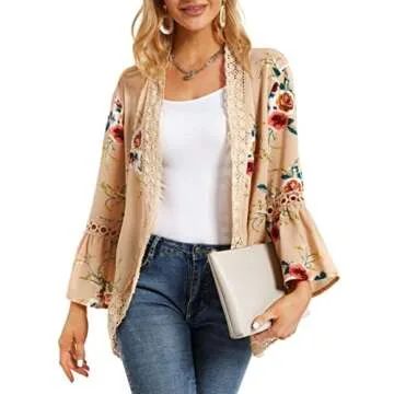 Womens Lace Kimono Cardigan Floral Loose Casual Open Front Shawl 3/4 Sleeve Blouse Tops (Khaki,M)
