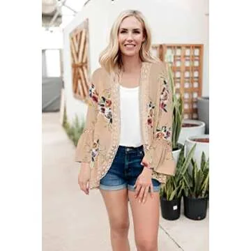Womens Lace Kimono Cardigan Floral Loose Casual Open Front Shawl 3/4 Sleeve Blouse Tops (Khaki,M)