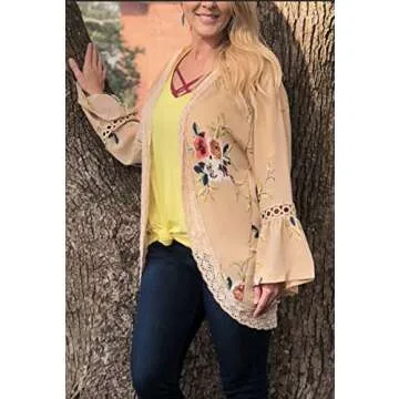Womens Lace Kimono Cardigan Floral Loose Casual Open Front Shawl 3/4 Sleeve Blouse Tops (Khaki,M)
