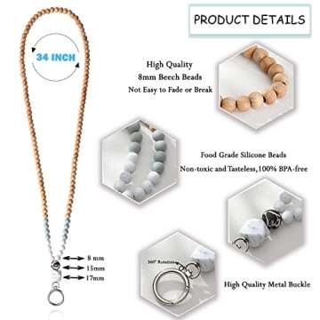 USANGERS Lanyards for ID Badges Keys Women Cute Teacher Lanyard with ID Holder Silicone Wooden Beaded Lanyard Necklace School Work Jewelry Female Nurse Accessories Teacher Appreciation Gifts Women