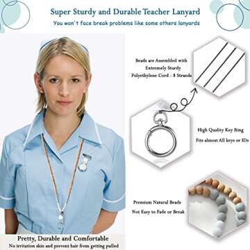 USANGERS Lanyards for ID Badges Keys Women Cute Teacher Lanyard with ID Holder Silicone Wooden Beaded Lanyard Necklace School Work Jewelry Female Nurse Accessories Teacher Appreciation Gifts Women