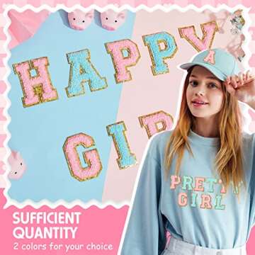 Juexica 52 Pieces Chenille Letter Patches Glitter Iron on Letters A-Z Varsity Sew Patch Embroidered Applique with Gold Trim for DIY Clothing Fabric Jackets Bags Shirts(Null), Blue,Gold,Pink