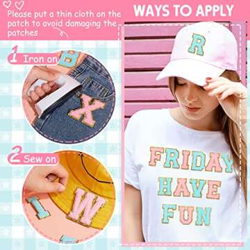 Juexica 52 Pieces Chenille Letter Patches Glitter Iron on Letters A-Z Varsity Sew Patch Embroidered Applique with Gold Trim for DIY Clothing Fabric Jackets Bags Shirts(Null), Blue,Gold,Pink