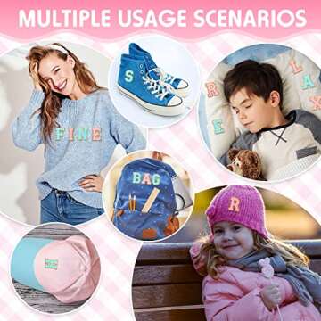 Juexica 52 Pieces Chenille Letter Patches Glitter Iron on Letters A-Z Varsity Sew Patch Embroidered Applique with Gold Trim for DIY Clothing Fabric Jackets Bags Shirts(Null), Blue,Gold,Pink