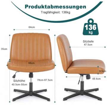 DUMOS Cross Legged Office Chair, Armless Wide Desk Chair No Wheels, Modern Home Office Desk Chair Swivel Adjustable Leather Vanity Chair