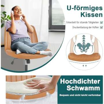 DUMOS Cross Legged Office Chair, Armless Wide Desk Chair No Wheels, Modern Home Office Desk Chair Swivel Adjustable Leather Vanity Chair