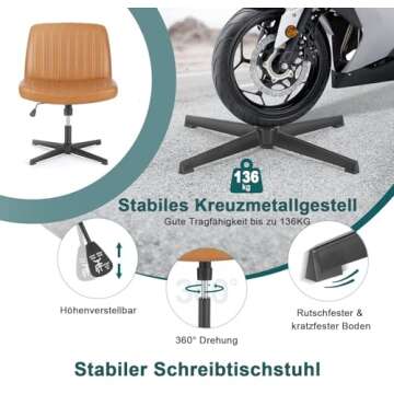 DUMOS Cross Legged Office Chair, Armless Wide Desk Chair No Wheels, Modern Home Office Desk Chair Swivel Adjustable Leather Vanity Chair