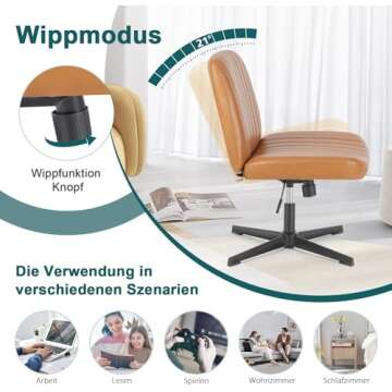 DUMOS Cross Legged Office Chair, Armless Wide Desk Chair No Wheels, Modern Home Office Desk Chair Swivel Adjustable Leather Vanity Chair