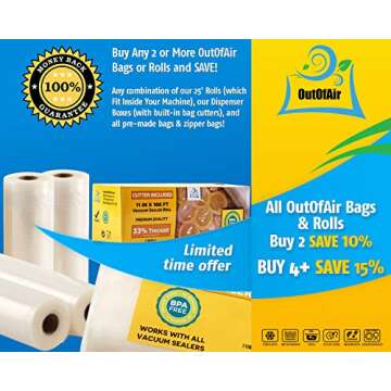 8" & 11" 25ft Vacuum Sealer Rolls (Fit Inside) 4 Rolls (2 of Each, 100ft total) OutOfAir Vacuum Sealer Bags Works With FoodSaver & Other Machines - 33% Thicker BPA Free, Commercial Grade