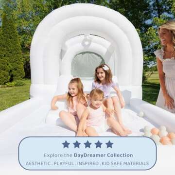 Bounceland Daydreamer Cloud Bounce House w/Ball Pit, Neutral Bouncer with Slide, 11.8 ft L x 6.9 ft W x 5.9 ft H, UL Blower Included, Basketball Hoop, 30 Pastel Plastic Balls, Trendy Bouncer for Kids