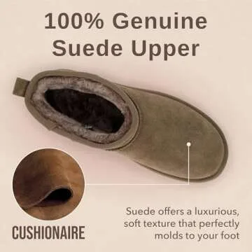 CUSHIONAIRE Women's Hip 2 Genuine Suede Ankle Snow Boots - Pull-On with Cozy Faux Shearling Lining, +Memory Foam, Slipper Boots, Taupe 7 W