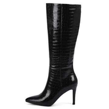 Modatope Women Black Knee High Boots Crocodile Pointed Toe High Heel Boots for Women Side Zipper Tal...