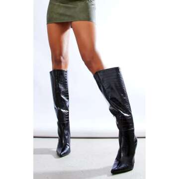 Modatope Women Black Knee High Boots Crocodile Pointed Toe High Heel Boots for Women Side Zipper Tall Boots Women Heeled Fall Boots Size 7.5