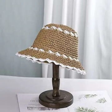 Minache Foldable Wide Brim Colorful Crochet Straw Hat Outdoor Sun Visor Hat UPF 50+ Summer for Women Girl， 07440 Khaki + White