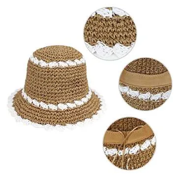 Minache Foldable Wide Brim Colorful Crochet Straw Hat Outdoor Sun Visor Hat UPF 50+ Summer for Women Girl， 07440 Khaki + White