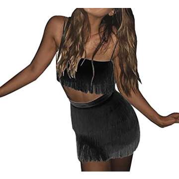 ECHOINE Womens Sexy 2 Piece Outfits Sleeveless Crop Top Feather Tassels Bodycon Mini Dress Outfits