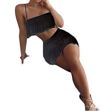 ECHOINE Womens Sexy 2 Piece Outfits Sleeveless Crop Top Feather Tassels Bodycon Mini Dress Outfits