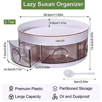 2 Tier Lazy Susan Organizer with 6 Divided Bins, 360 Degree Rotating Lazy Susan Turntable for Cabinet, Plastic Kitchen Spice Organizer Condiment Organizer, Perfume Organizer for Pantry Bathroom