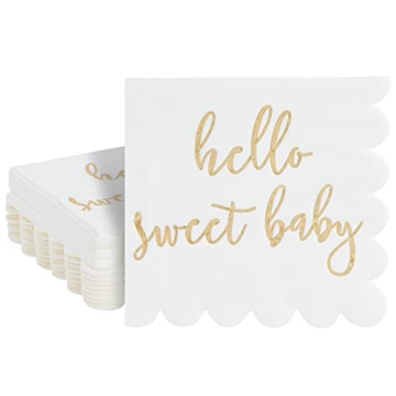 Juvale 50 Pack White Scalloped Baby Shower Napkins, Gold Foil Hello Sweet Baby Decorations