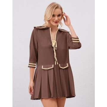 ICOBID Women Cute Bow Tie Up Open Front Mini Dress Lapel Contrast Binding 3/4 Sleeve Mini Dress Pleated A line Dresses Coffee
