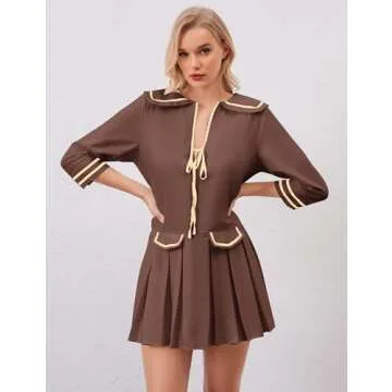 ICOBID Women Cute Bow Tie Up Open Front Mini Dress Lapel Contrast Binding 3/4 Sleeve Mini Dress Pleated A line Dresses Coffee