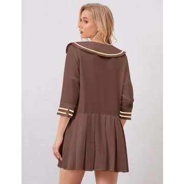 ICOBID Women Cute Bow Tie Up Open Front Mini Dress Lapel Contrast Binding 3/4 Sleeve Mini Dress Pleated A line Dresses Coffee