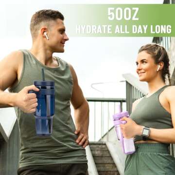 Cafezi 50oz Tritan Plastic Tumbler with Handle and Straw | Leak-Proof Cup with Time Marker | Reusable BPA-Free Clear Water Bottle | Wide Mouth | Gifts for Women Men Her Him