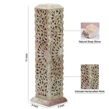 Carry Me Handmade Marble Soapstone Incense Stick Burner | Candle Stick Holder | Tea Light Burner - Perfect Floral Carving for Gifting. Decorative Home and Kitchen Decor (3 x 3 x 11 Inches)
