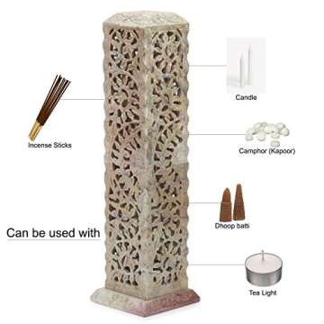 Carry Me Handmade Marble Soapstone Incense Stick Burner | Candle Stick Holder | Tea Light Burner - Perfect Floral Carving for Gifting. Decorative Home and Kitchen Decor (3 x 3 x 11 Inches)