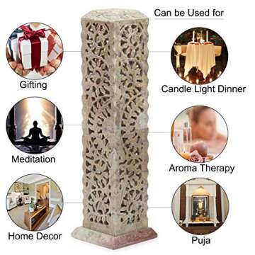 Carry Me Handmade Marble Soapstone Incense Stick Burner | Candle Stick Holder | Tea Light Burner - Perfect Floral Carving for Gifting. Decorative Home and Kitchen Decor (3 x 3 x 11 Inches)