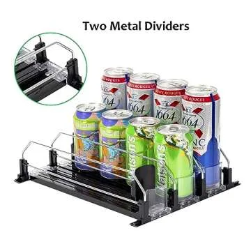 Rula Drink Organizer for Fridge, Self-Pushing Soda Can Dispenser for Mini Refrigerator, Width Adjustable Water Bottle Pusher Glide, Black, 3 Rows,12.2” D
