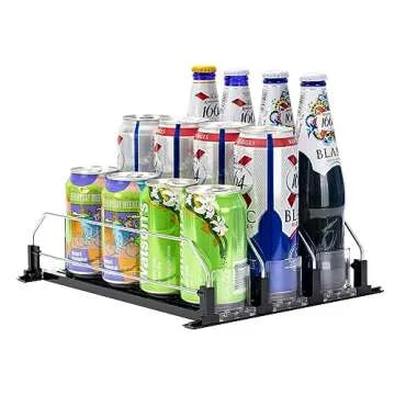 Rula Drink Organizer for Fridge, Self-Pushing Soda Can Dispenser for Mini Refrigerator, Width Adjustable Water Bottle Pusher Glide, Black, 3 Rows,12.2” D