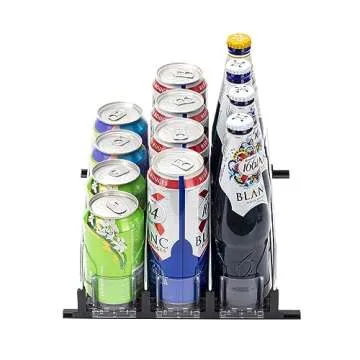 Rula Drink Organizer for Fridge, Self-Pushing Soda Can Dispenser for Mini Refrigerator, Width Adjustable Water Bottle Pusher Glide, Black, 3 Rows,12.2” D