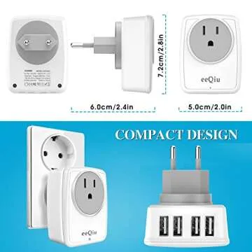 European Travel Plug Adapter, eeQiu International Travel Adapter with 4 USB Ports, American Outlets - 5 in 1 European Plug Adapter for US to Europe EU Country Like Germany, Spain, Italy, France.