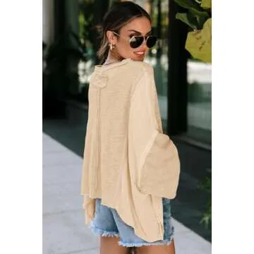 LEMAFER Women's Exposed Seam Chest Pocket Loose Sleeve Oversized Tunic Top Casual Round Neck Solid Patchwork Long Sleeve Blouse