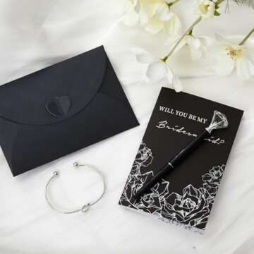 MotiMind 124 Pcs Bridesmaid Proposal Gifts Will You Be My Bridesmaid Gift Set of 6,16oz Glass Cup Jewelry Box Cosmetic Makeup Bag Invited Cards, Favors for Bridal Wedding Bachelorette Party (Black)