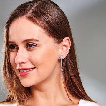 YOQUCOL Women Cubic Zirconia Crystal Long Drop Dangle Clip On Earrings For Not Pierced Women